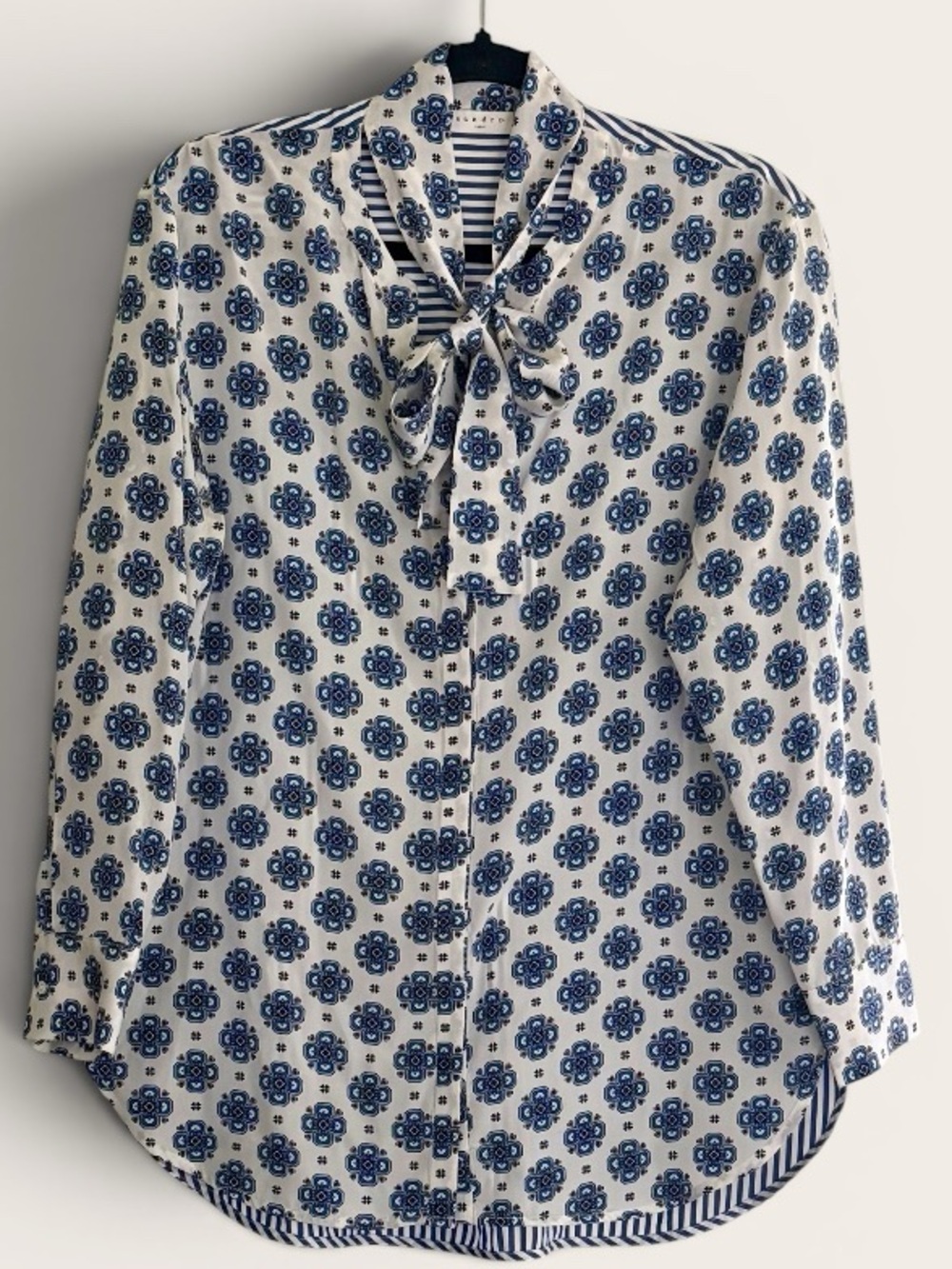 Sandro Paris Moroccan Tile Print Blouse Blue White Striped Long Sleeve Top M